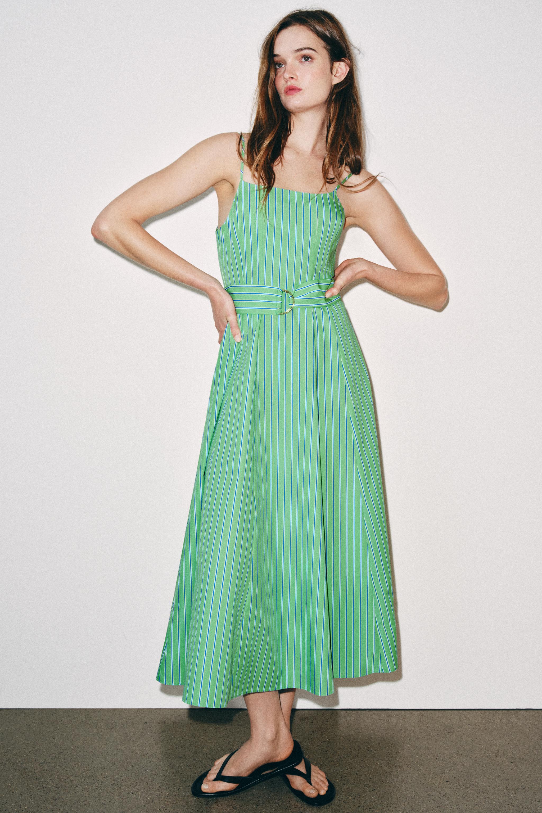 STRIPED BELTED MIDI DRESS
